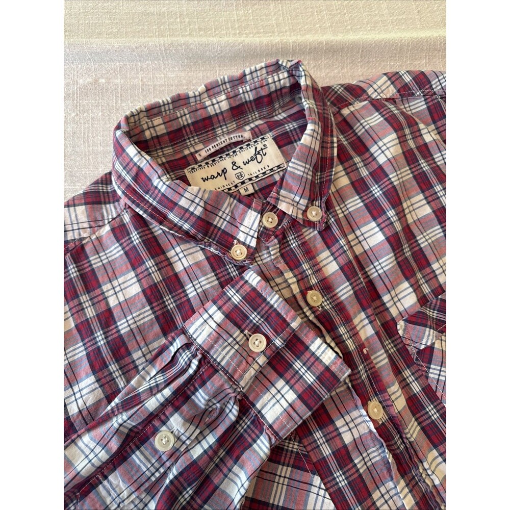 Warp & Weft Red White Blue Plaid Long Sleeve Button Down Shirt Size Medium‎ Slim